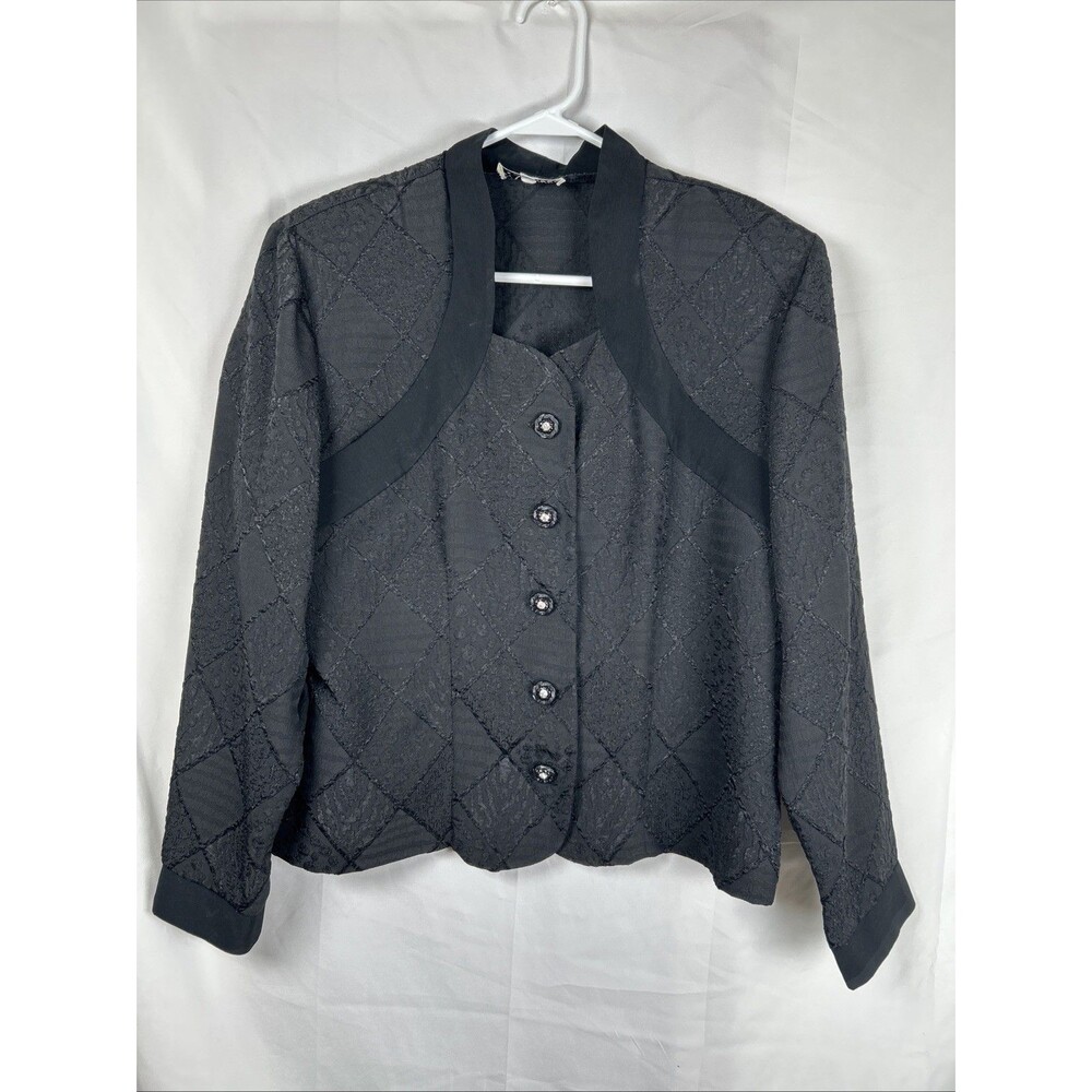 Vtg Petite Focus Black Textured Button Up Blouse Jacket 14P Diamond Pattern